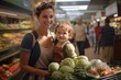 © Alexandr - A happy young woman with a little daughter is buying fresh vegetables and fruits in the supermarket.