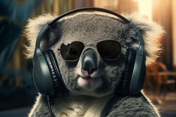 Wall Mural - Stylish Koala headphones. Nature music animal. Generate Ai