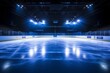 Breathtaking image of a spotlit professional hockey rink gleaming in the darkness of an empty arena