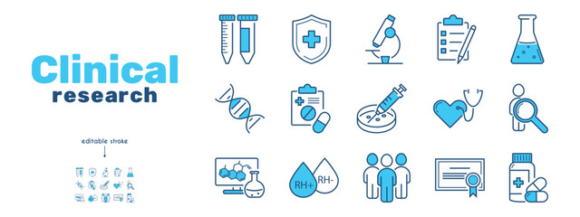 Clinical study, trials,research line icon set. Comparison group, test person,syringe, pills, microscope,test tubes, dna, test, prescription, Rh factor, blood vector illustration. Editable Stroke.