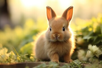 Wall Mural - Cute little rabbit on green grass with natural bokeh as background during spring. Young adorable bunny playing in garden. Lovrely pet at park