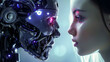 An anthropomorphic robot with glowing eyes and symbolizing AI looks directly into the eyes of a young woman. Pale blue blurred background.