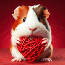 Cute Guinea Pig Holding A Red Heart Isolated On Red Background. Ai Generative