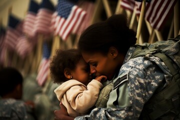 Emotional homecoming of a servicewoman, embracing her children with joy after deployment