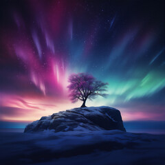 rock cliffs with a tree in the edge with aurora northern sky