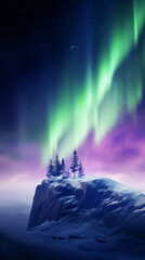 rock cliffs with a tree in the edge with aurora northern sky