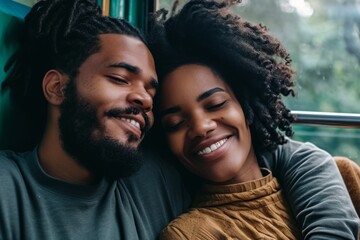 beautiful african american couple smiling and hugging while traveling by train