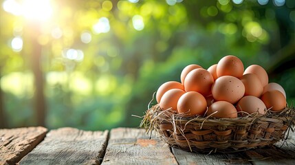 Wall Mural - Basket of colorful chicken eggs on a wooden table in the chicken farm 