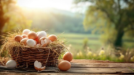 Wall Mural - Basket of colorful chicken eggs on a wooden table in the chicken farm 