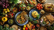 The table top view of different types of food spread on table