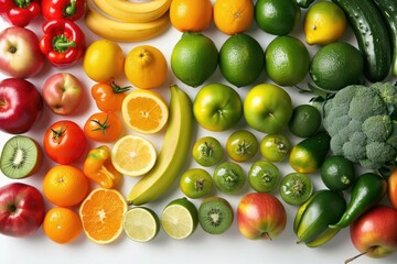 Wall Mural - A variety of fresh fruits and vegetables arranged on a white table. Perfect for healthy eating concepts and food photography