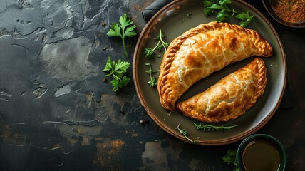 Two calzones on a plate with a cup of tea, perfect for a hearty meal