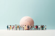 Human figures standing in front of world globe map, cute human puppet figures near the globe, world multicultural and multi ethnic population wallpaper concept in a minimalist copy space background