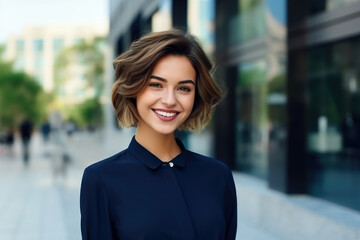 Young elegant businesswoman standing on the street and looking at the camera. Success coming with hard work. A young proud woman on a street