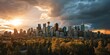 A stunning view of a cityscape at sunset with a dramatic cloudy sky. Perfect for illustrating urban landscapes and the beauty of nature