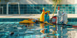 Swimming Pool Maintenance Concept. Pool Opening and Closing, Skimmer replacement, Leak repair, Plumbing, Drain, Clean.