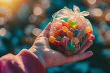 Candy In Hand. A Child's Hand Holds Colorful Candies In A Plastic Bag