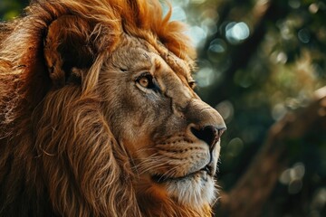 Canvas Print - Close up of a lion's face with trees in the background. Perfect for wildlife enthusiasts or nature-themed projects