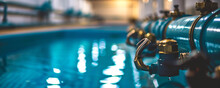 Swimming Pool Maintenance Concept. Pool Opening And Closing, Skimmer Replacement, Leak Repair, Plumbing, Drain, Clean.