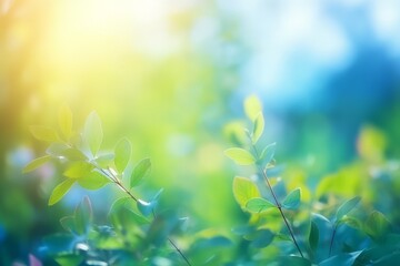 Wall Mural - Summer background of blue and green, blurred foilage and sky with bright bokeh. Generative AI