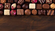 This image features various types of chocolates displayed on a rustic wooden table, making it suitable for food blogs, confectionery advertisements, and dessert recipes. valentines day food, candy