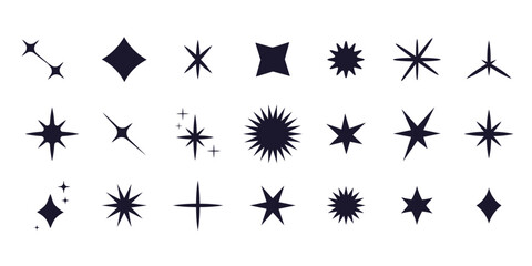 Wall Mural - set star sparkle silhouette y2k burst, geometry abstract shape isolated on white background. collect
