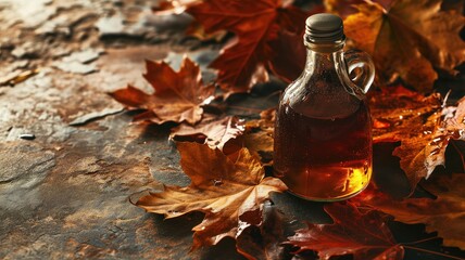 Wall Mural - Maple syrup bottle among fallen autumn leaves on a rustic surface