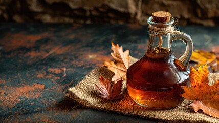 Wall Mural - Maple syrup in a glass jug surrounded by autumn leaves
