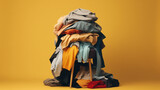 Fototapeta  - A stack of colored things on a chair. Cluttering of clothes, Pile clothes on chair. Heap of used clothes for donation and recycling. Concept of minimalism, mess and wardrobe cleaning, Ai generated 