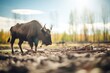 solo bison grazing under midday sun