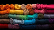 colorful spools of threads, Rolled up colorful t-shirts clothes Ai generated image