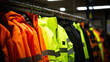 © FH Multimedia - shirts on hangers, Selective blur on high visibility safety coats and jackets, personal protective equipments, for sale outside, fluorescent colors. These coats are made to be visible on workplace Ai