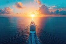 Cruise Ship In Tropical Paradise Drone Shot With Sunset 