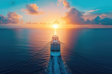 Wall Mural - cruise ship in tropical paradise drone shot with sunset 
