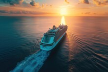 Cruise Ship In Tropical Paradise Drone Shot With Sunset 