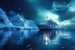 expedition cruise ship north pole cold ice berg northern lights in sky 