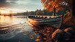 Lakeside jetty with an antique wooden boat at the first light, Generative AI.