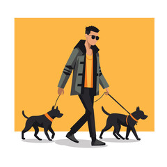 Stylish man walking two black dogs on leashes. Casual guy with sunglasses enjoys dog walking. Urban pet care and lifestyle vector illustration