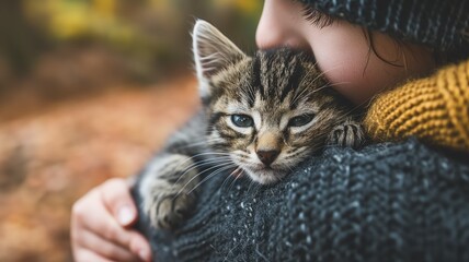 Kitten snuggling in a person's arm against a blurry autumn background