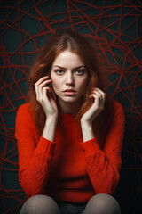 Poster - Woman with red hair and red sweater is posing for picture.