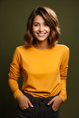 Poster - Woman with smile on her face and yellow shirt.