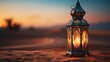 Ramadan lamps in the sand at dusk in the desert, Generative AI.