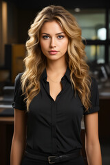 Poster - Woman with long blonde hair and black shirt.