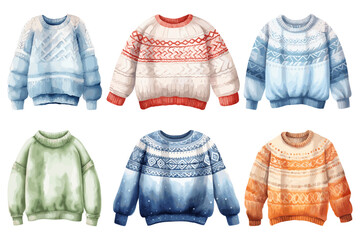 Watercolor winter sweater set, winter accessories, vector illustration