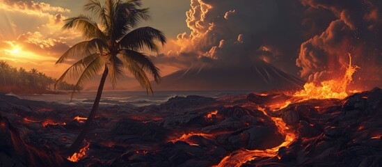 Wall Mural - Lava flows from volcano with palm tree.