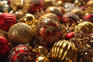 Poster - A pile of red and gold Christmas ornaments. Perfect for adding festive cheer to your holiday decorations