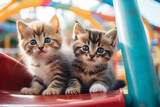 Fototapeta  - Funny cute kittens at amusement park sunny day at background Generative AI picture