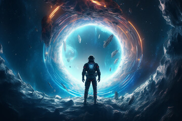 Wall Mural - Generative AI picture of astronaut spaceman woman do space walk working space station in outer space futurism