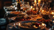 A table with plates of food and glasses of wine. Perfect for restaurant menus or food and wine-related designs