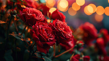 Close Up Of Red Roses Bouquet On Blurred Sparkling Backdrop. Love Romantic Concept. Valentine's Day. Generative AI